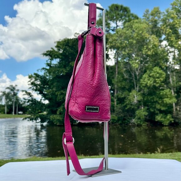 Pulicati Leather Magenta Double Turn Lock Top Handle Crossbody Tote NEW - Picture 4 of 16